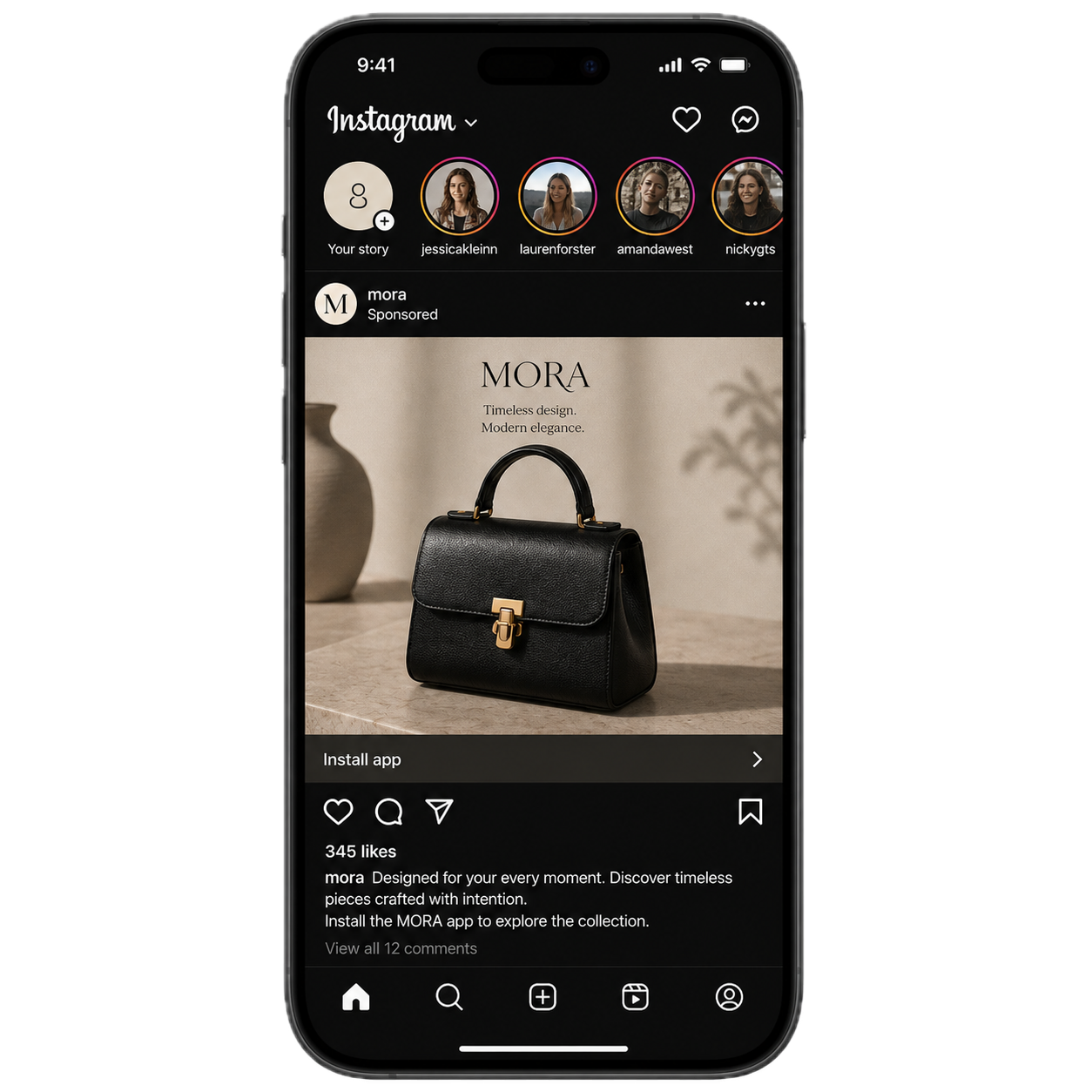 An iPhone showing a MORA sponsored post in the Instagram feed, with the brand's product photography and an Install app call to action.