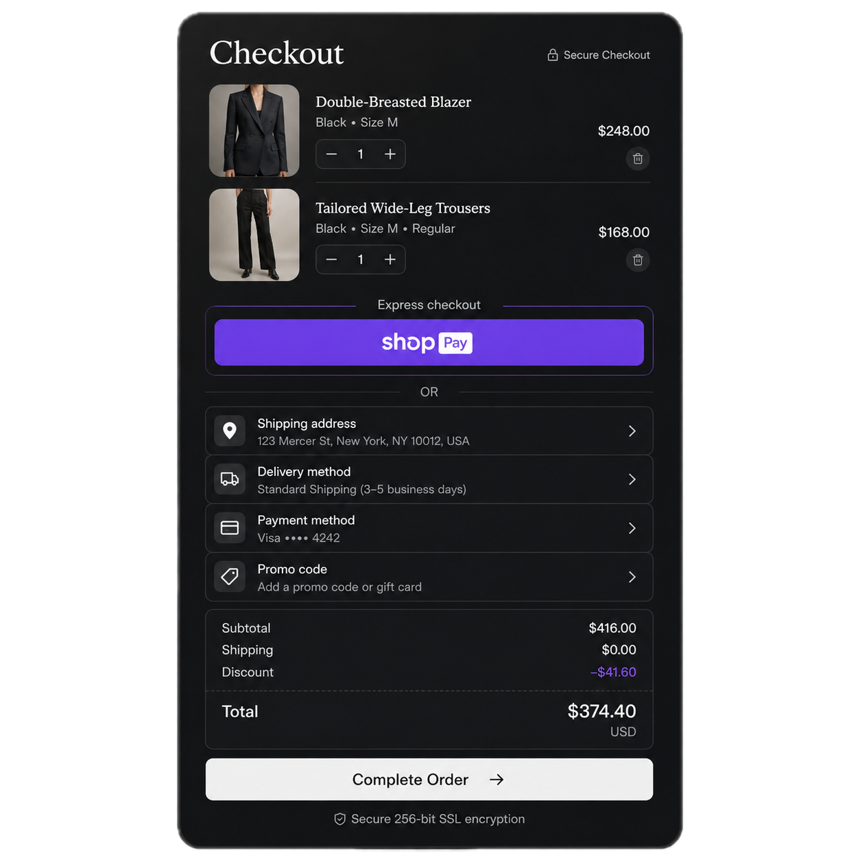 A Shopify in-app checkout showing two items in the cart, a Shop Pay express checkout button, shipping and payment details, and a Complete Order action.