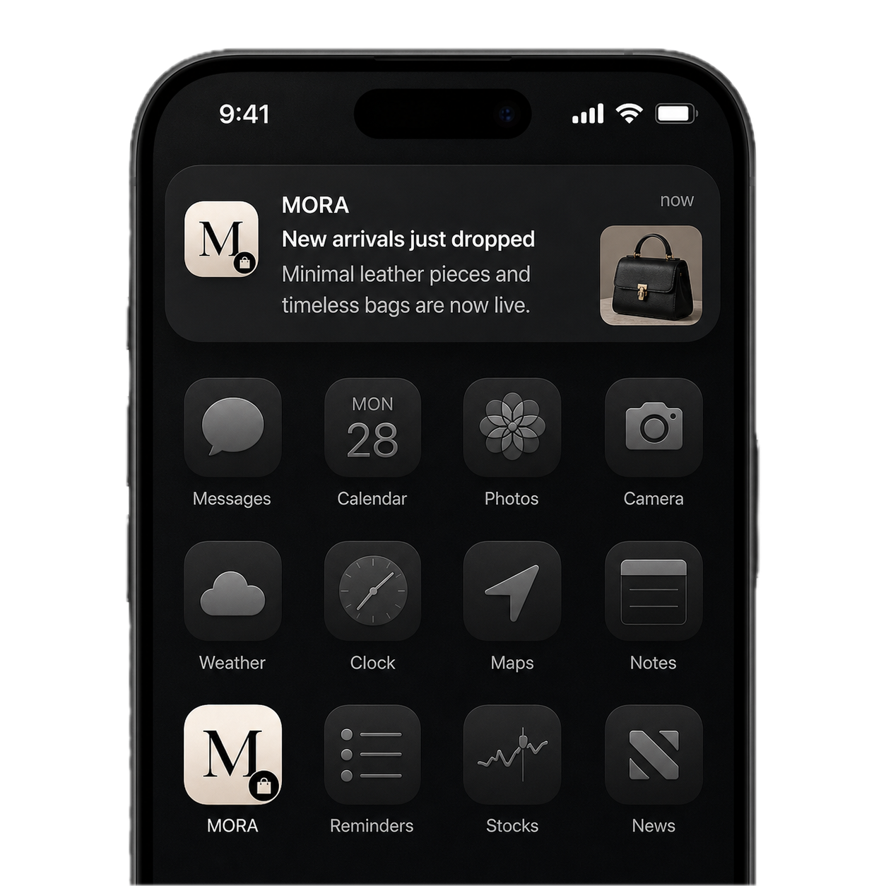 An iPhone lock screen at 9:41 with a MORA notification appearing on top, with the brand's app icon, headline and product preview thumbnail.